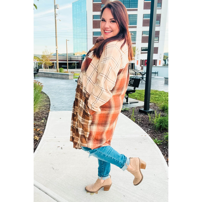 Rust & Taupe Color Block Plaid Longline Shacket