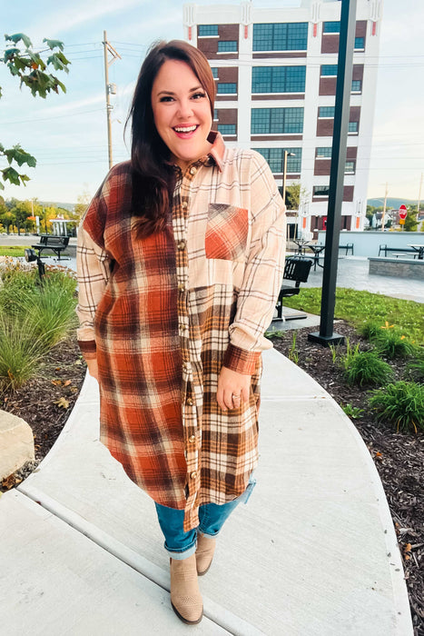 Rust & Taupe Color Block Plaid Longline Shacket