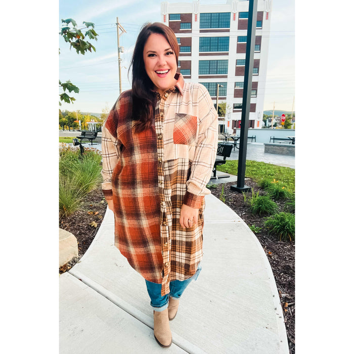 Rust & Taupe Color Block Plaid Longline Shacket