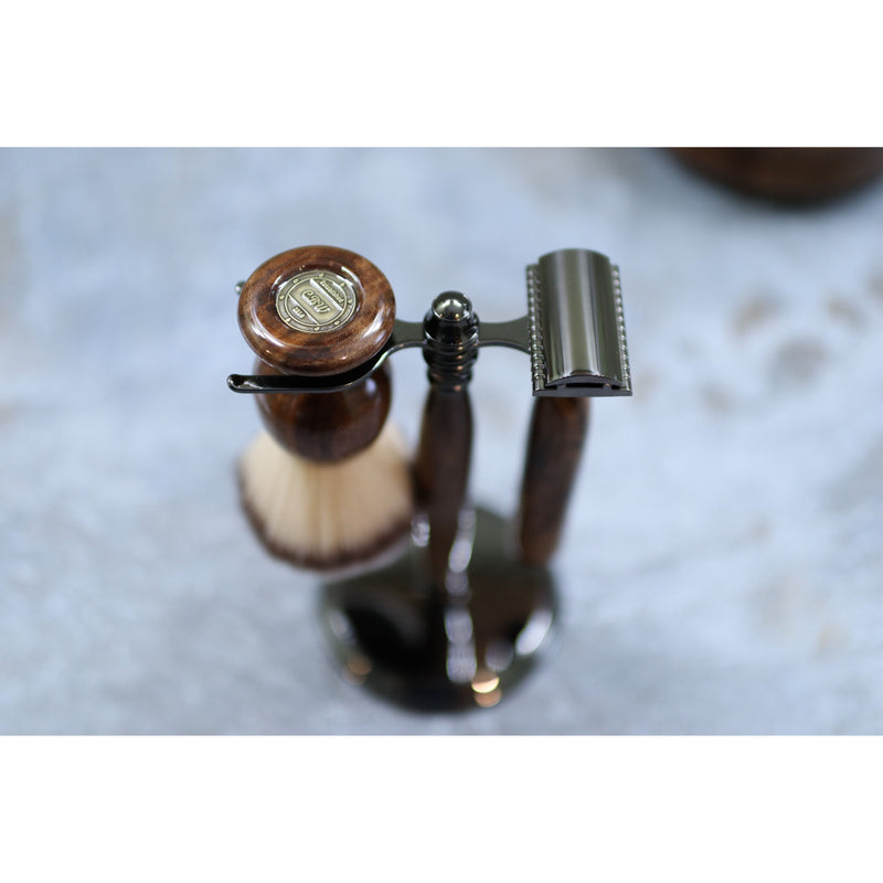 CreationsByWill Walnut Wood Hand Crafted Shave Set with Gunmetal Safety Razor Shave Set