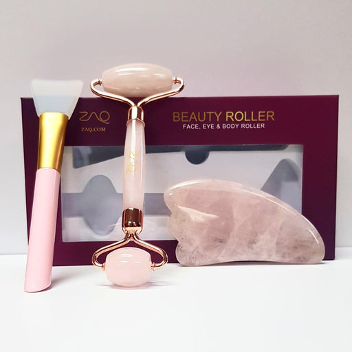 ZAQ Skin & Body - ZAQ Skin & Body -  Rose Quartz Facial Roller, Gua Sha Board + Brush Set