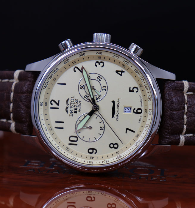 Our Spitfire R6753 Tribute - Stainless Steel, Polished Finish, Beige Dial, Brown Leather Band