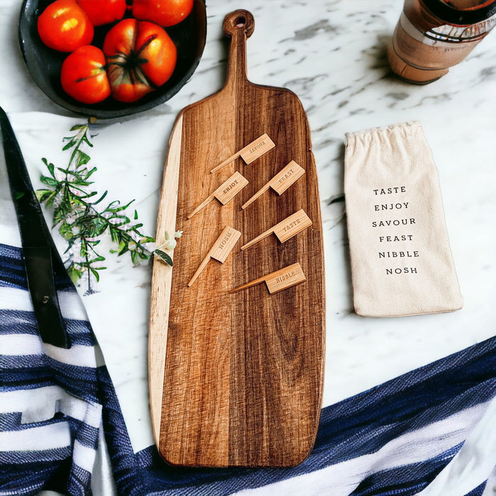 Acacia Wood Serving Board + Bamboo Markers | 23x8"