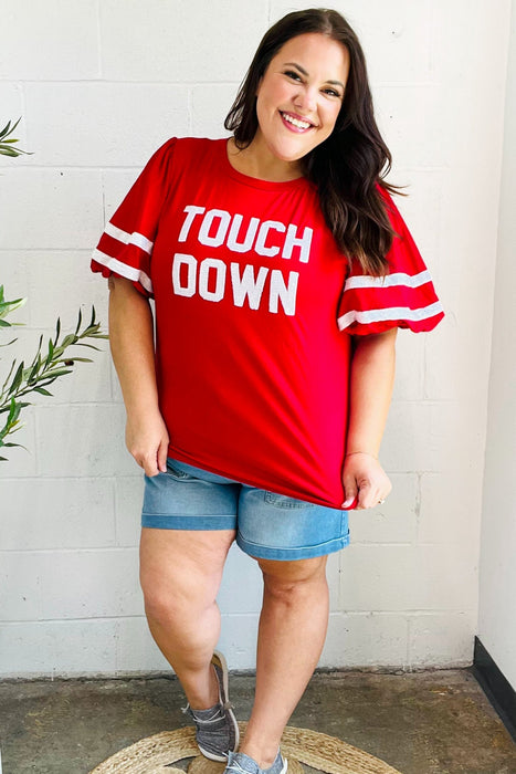 Stand Out Red "TOUCHDOWN" Sequin Bubble Sleeve Game Day Top