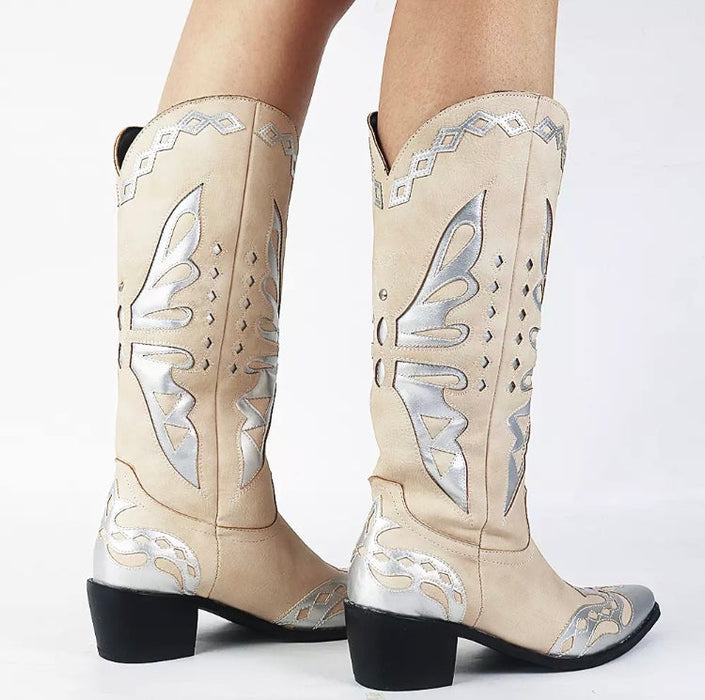 Women's Embossed Midcalf Butterfly Western Cowboy Boots