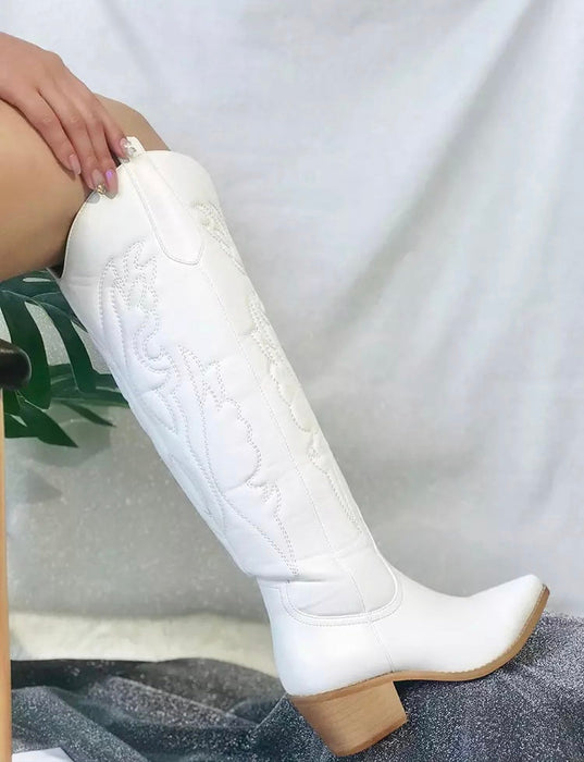 Cowboy Boots for Women Retro White Knee High Western Boots