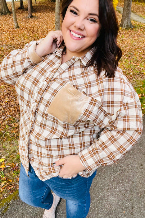 Plaid Velvet Pocket Button Down Top