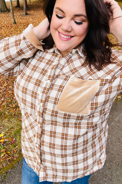 Plaid Velvet Pocket Button Down Top