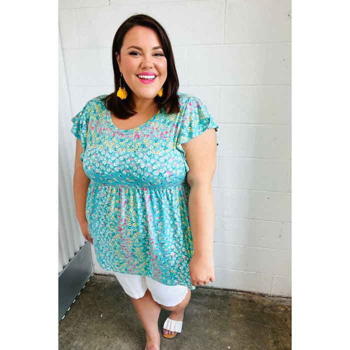 Turquoise Floral Stripe Babydoll Top