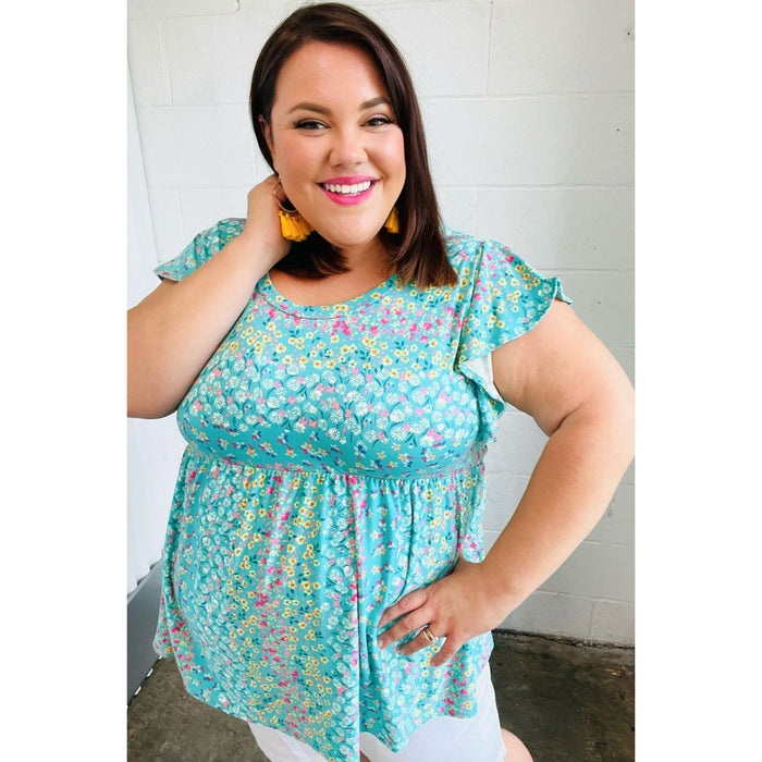 Turquoise Floral Stripe Babydoll Top