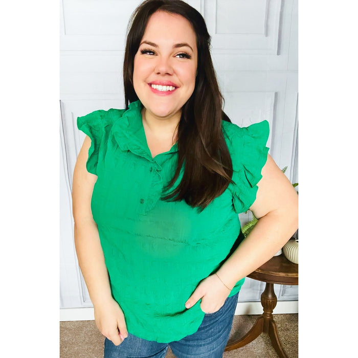 Kelly Green Textured Ruffle Mock Neck Button Down Top