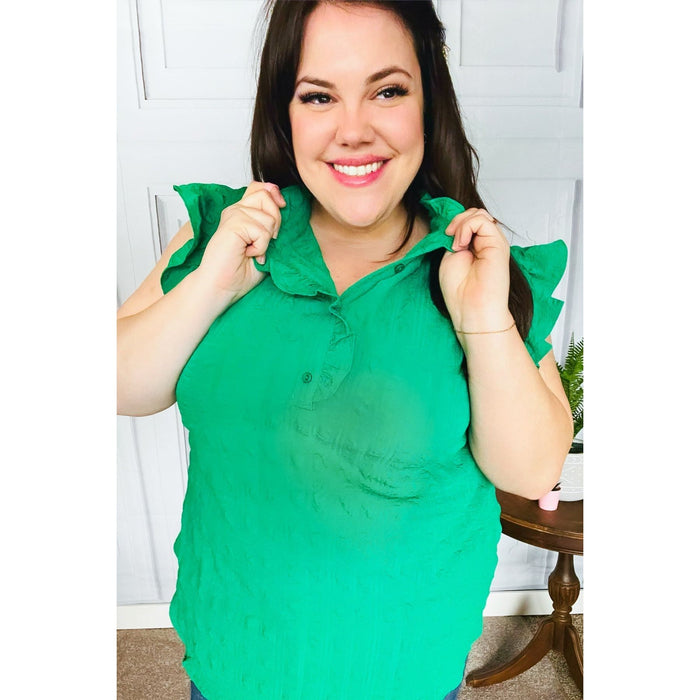 Kelly Green Textured Ruffle Mock Neck Button Down Top