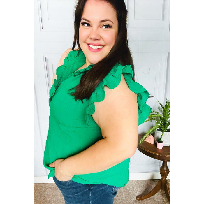 Kelly Green Textured Ruffle Mock Neck Button Down Top