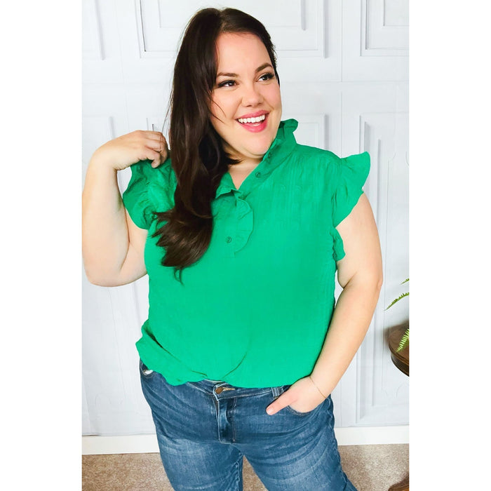 Kelly Green Textured Ruffle Mock Neck Button Down Top