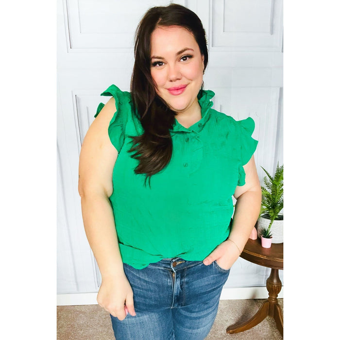 Kelly Green Textured Ruffle Mock Neck Button Down Top