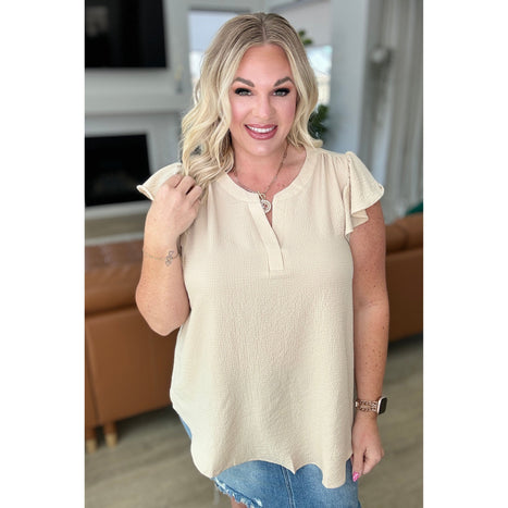 Crinkle Split Neckline Flutter Sleeve Top in Taupe