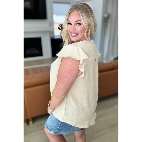 Crinkle Split Neckline Flutter Sleeve Top in Taupe