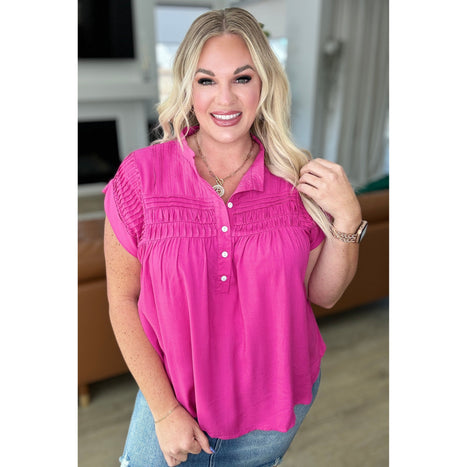 Pleat Detail Button Up Blouse in Hot Pink