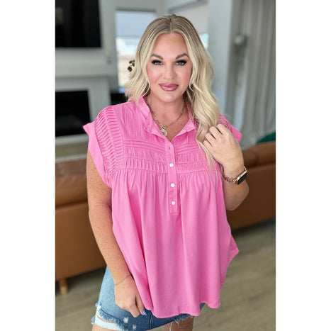 Pleat Detail Button Up Blouse in Pink Cosmos