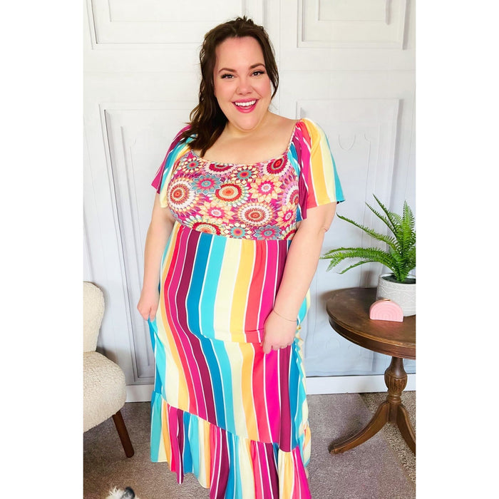 Feeling Bold Fuchsia & Teal Striped Medallion Crochet Print Top