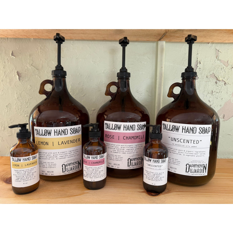 Apotheke DuJardin HAND SOAP | TALLOW | LIQUID Gray rose chamomile (being discontinued),Lemon lavender (being discontinued),Unscented (being discontinued),PEPPERMINT | LAVENDER,LEMON | THYME,LAVENDER | EUCALYPTUS,CEDARWOOD | PINE