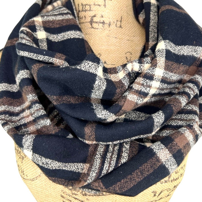 An Autumn Evening Plaid - Deep Rich Tones of Black, Milk Chocolate and Creamy White Plaid Flannel Infinity or Blanket Scarf