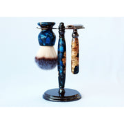 CreationsByWill Buckeye Burl Wood Hand Crafted Shave Set with Dark Blue Resin, safety razor, 26mm lather brush and a matching shave stand. Shave Set