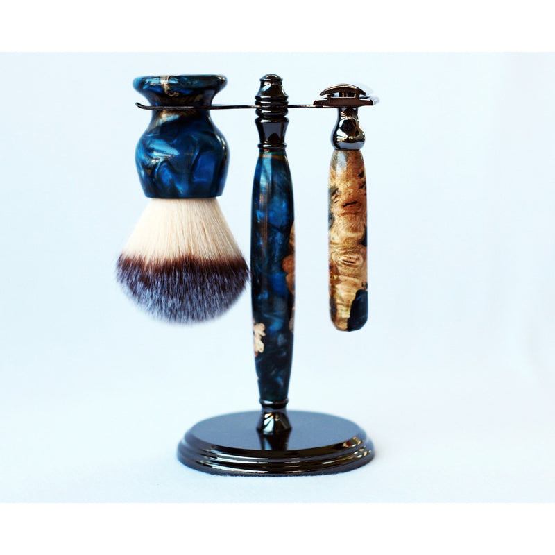 CreationsByWill Buckeye Burl Wood Hand Crafted Shave Set with Dark Blue Resin, safety razor, 26mm lather brush and a matching shave stand. Shave Set