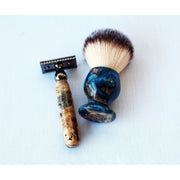 CreationsByWill Buckeye Burl Wood Hand Crafted Shave Set with Dark Blue Resin, safety razor, 26mm lather brush and a matching shave stand. Shave Set