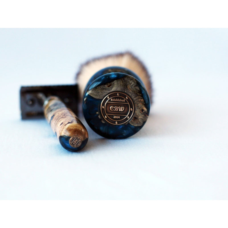 CreationsByWill Buckeye Burl Wood Hand Crafted Shave Set with Dark Blue Resin, safety razor, 26mm lather brush and a matching shave stand. Shave Set