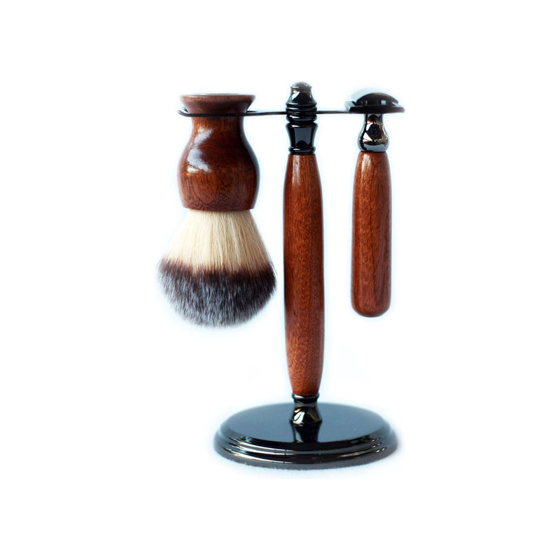 CreationsByWill Mahogany Wood Hand Crafted Shave Set with Gunmetal Safety Razor, 26mm Lather Brush, and Matching Shave Stand Shave Set