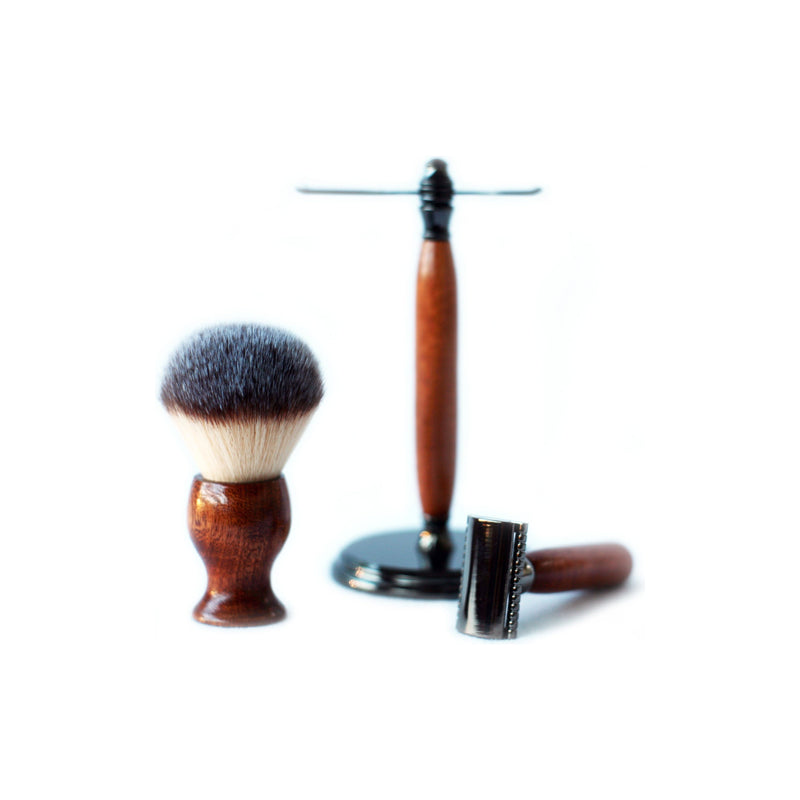 CreationsByWill Mahogany Wood Hand Crafted Shave Set with Gunmetal Safety Razor, 26mm Lather Brush, and Matching Shave Stand Shave Set