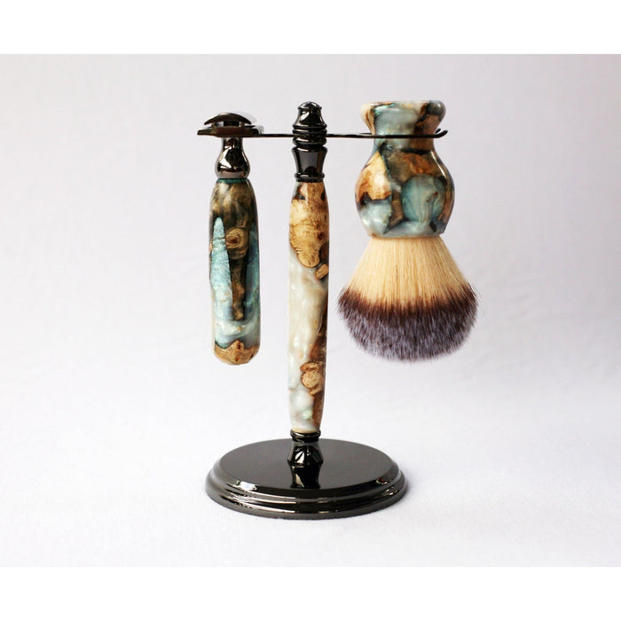 Creationsbywill - Buckeye Burl Shave Set With 'Travel To Jupiter'( Pearl)Resin Safety Razor, 26Mm Lather Brush And A Matching Shave Stand.