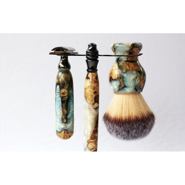 Creationsbywill - Buckeye Burl Shave Set With 'Travel To Jupiter'( Pearl)Resin Safety Razor, 26Mm Lather Brush And A Matching Shave Stand.