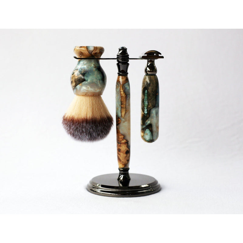 CreationsByWill Buckeye Burl Wood Hand Crafted Shave Set with 'Travel to Jupiter'( pearl)Resin safety razor, 26mm lather brush and a matching shave stand. Shave Set