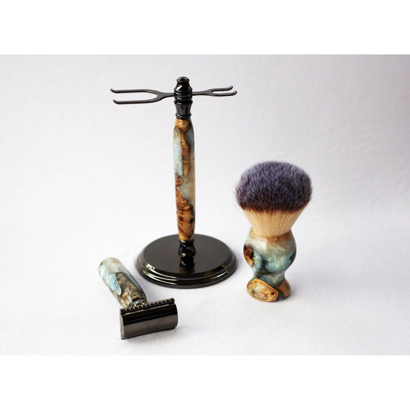 CreationsByWill Buckeye Burl Wood Hand Crafted Shave Set with 'Travel to Jupiter'( pearl)Resin safety razor, 26mm lather brush and a matching shave stand. Shave Set