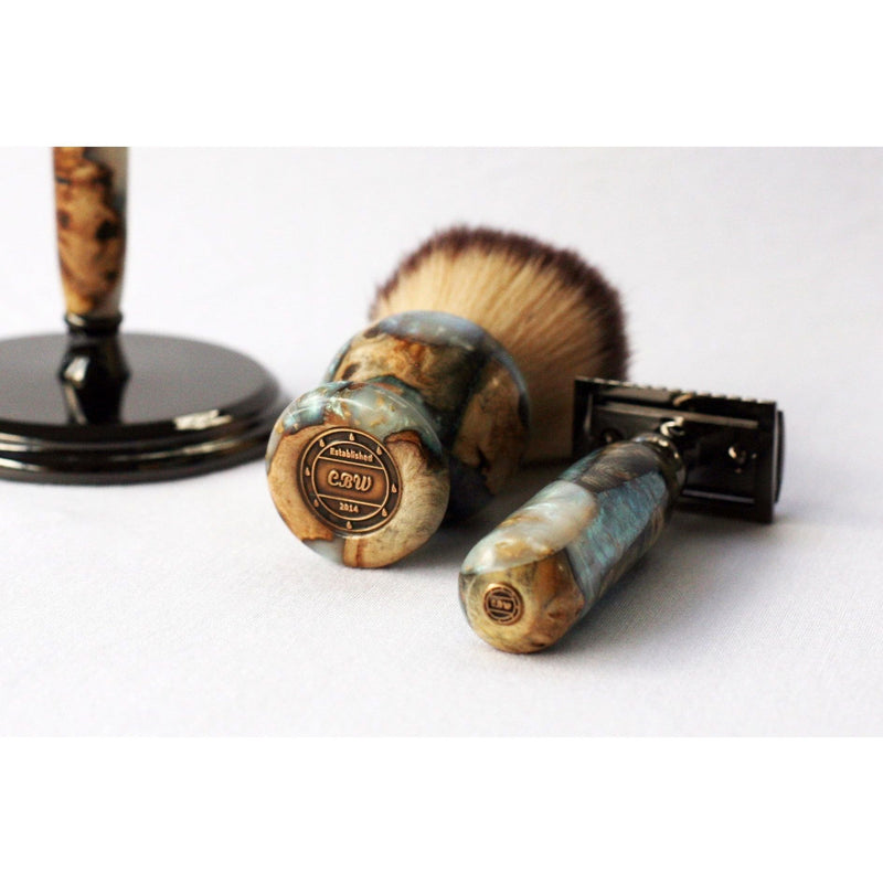 CreationsByWill Buckeye Burl Wood Hand Crafted Shave Set with 'Travel to Jupiter'( pearl)Resin safety razor, 26mm lather brush and a matching shave stand. Shave Set
