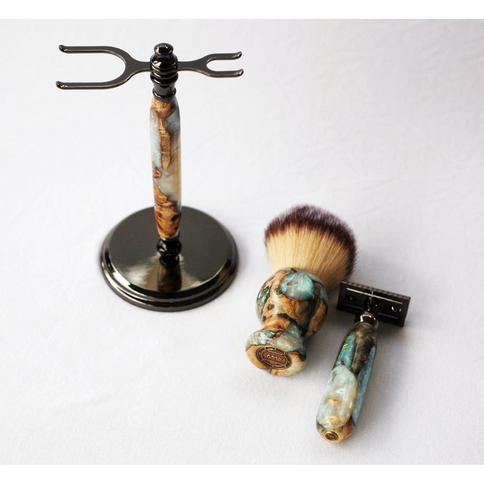 Creationsbywill - Buckeye Burl Shave Set With 'Travel To Jupiter'( Pearl)Resin Safety Razor, 26Mm Lather Brush And A Matching Shave Stand.