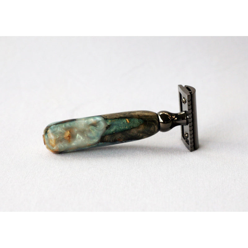 CreationsByWill Buckeye Burl Wood Hand Crafted Shave Set with 'Travel to Jupiter'( pearl)Resin safety razor, 26mm lather brush and a matching shave stand. Shave Set