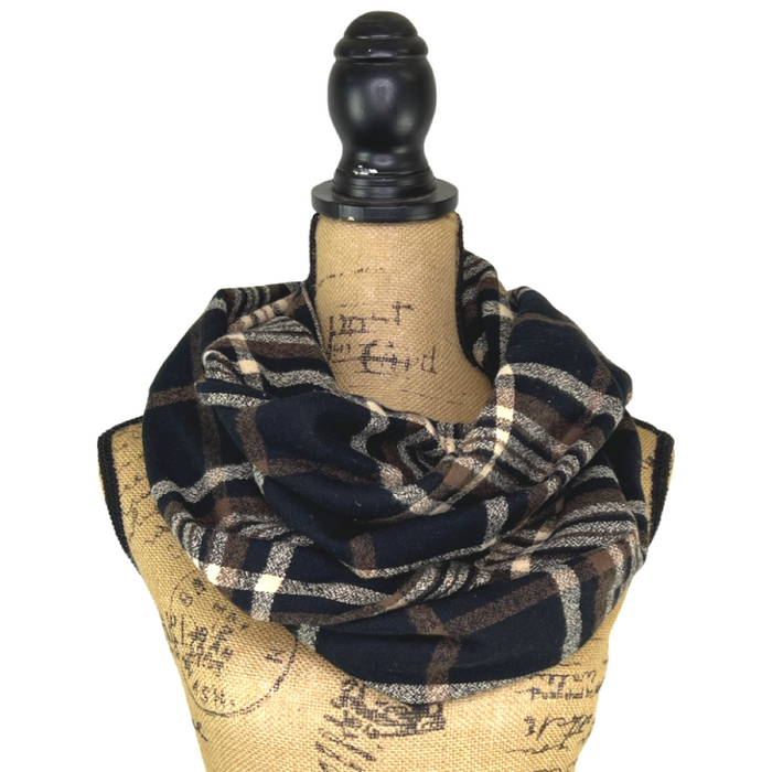 An Autumn Evening Plaid - Deep Rich Tones of Black, Milk Chocolate and Creamy White Plaid Flannel Infinity or Blanket Scarf