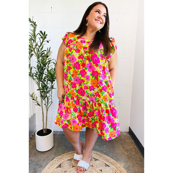 Be Charming Lime & Pink Floral Print Tiered Ruffle Sleeve Dress