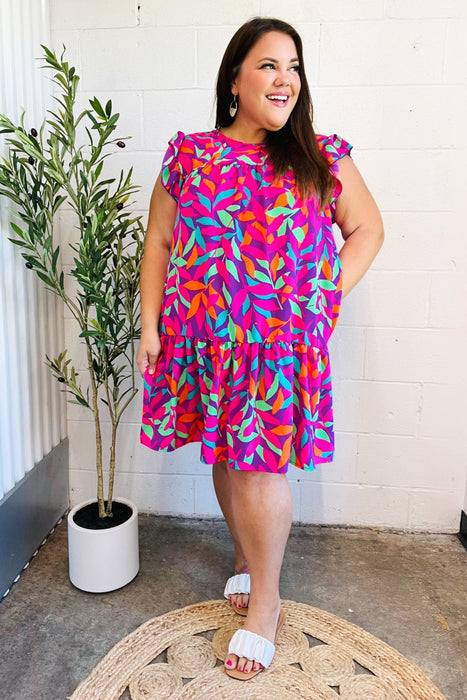 You Got This Abstract Floral Print Tiered Ruffle Sleeve Dress