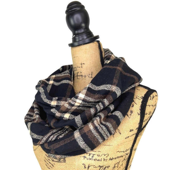 An Autumn Evening Plaid - Deep Rich Tones of Black, Milk Chocolate and Creamy White Plaid Flannel Infinity or Blanket Scarf