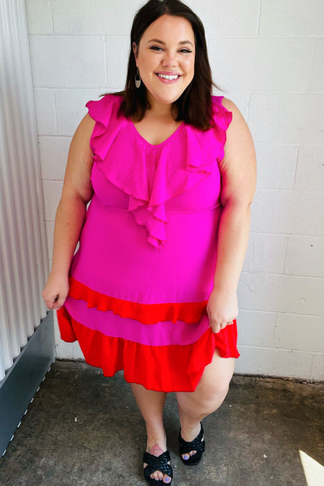 Fuchsia Ruffle V Neck Crepe Tiered Midi Dress