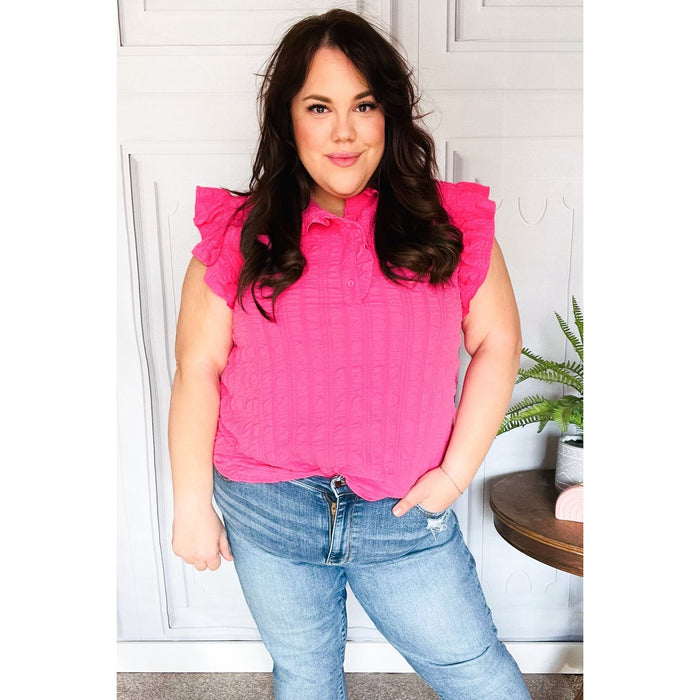 Hot Pink Textured Ruffle Mock Neck Button Down Top