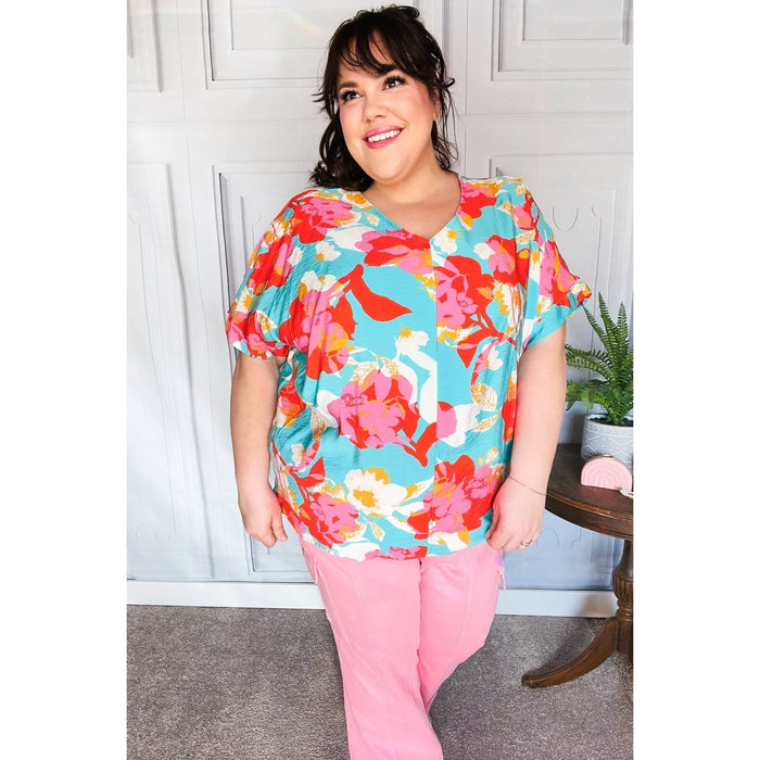 Aqua & Coral Floral V Neck Woven Top