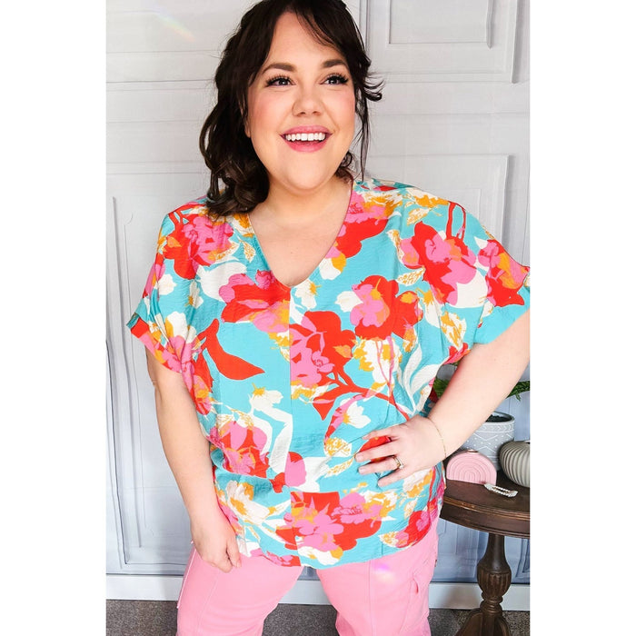 Aqua & Coral Floral V Neck Woven Top