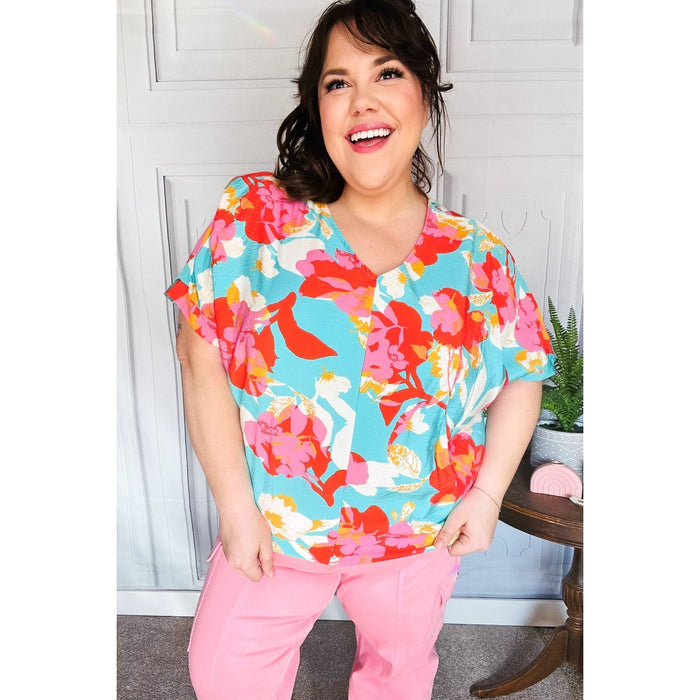 Aqua & Coral Floral V Neck Woven Top