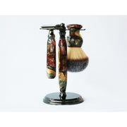CreationsByWill Buckeye Burl Wood Hand Crafted Shave Set with 'Chameleon' Resin safety razor, 26mm lather brush and a matching shave stand. Shave Set