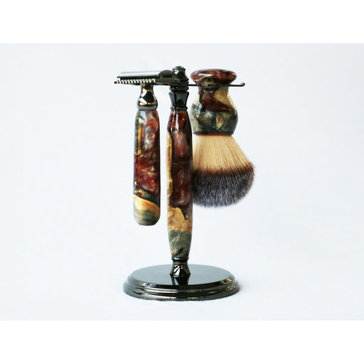 CreationsByWill Buckeye Burl Wood Hand Crafted Shave Set with 'Chameleon' Resin safety razor, 26mm lather brush and a matching shave stand. Shave Set